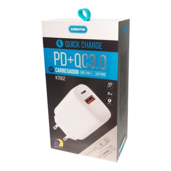 Kit Carregador 18W Kimaster Turbo C/ Cabo Usb-C Lightning - Kt652